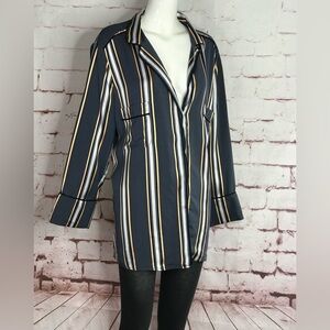 80s Vintage ESCADA SPORT Oversized silky grey & gold stripe blouse Size 16 EU 46